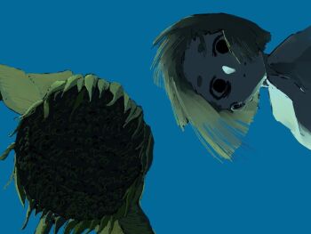 Rule 34 | 1girl, bags under eyes, black eyes, blue sky, blunt ends, clear sky, closed mouth, commentary request, flower, from below, green hair, hikimayu, looking at viewer, nagae haruyoshi, original, simple background, sky, solo, sunflower, wilted flower