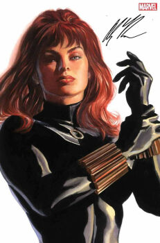 1girl adjusting_clothes adjusting_gloves alex_ross avengers_(series) black_bodysuit black_gloves black_widow bodysuit comic_cover cover cover_page gloves grey_eyes long_hair looking_at_viewer marvel natasha_romanoff o-ring official_art one_eye_in_shadow realistic red_hair signature solo upper_body western_comics_(style) white_background