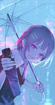 1girl alt_(apou) black_vest braid closed_umbrella collared_shirt commentary_request giving hair_ornament hairclip half_up_braid hand_up highres holding holding_umbrella incoming_gift leaning_forward looking_at_viewer open_mouth original outdoors parallel_hairclips purple_eyes purple_hair rain shirt short_hair smile solo umbrella upper_body vest white_shirt