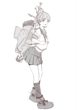 1girl anchor chakoru full_body greyscale highres kantai_collection looking_at_viewer low_twintails monochrome pleated_skirt sailor_collar sailor_shirt school_uniform serafuku shirayuki_(kancolle) shirt short_hair skirt smokestack socks solo standing twintails ventilation_shaft