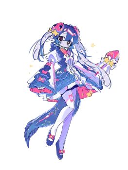 Rule 34 | 1girl, @ @, black eyes, blue dress, blue hair, blue shoes, blush, bow, bowtie, closed mouth, commentary request, dot nose, double-parted bangs, dress, footwear bow, full body, hair between eyes, highres, juliet sleeves, long hair, long sleeves, looking at viewer, mismatched pupils, original, pantyhose, puffy sleeves, red bow, red bowtie, shoes, simple background, sleeve bow, smile, solo, standing, star-shaped pupils, star (symbol), symbol-shaped pupils, tail, twintails, uenomigi, white background, white pantyhose