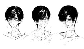1boy 3ooip @_@ bandaged_chest bandaid bandaid_on_cheek bandaid_on_face black_hair blush closed_mouth collarbone commentary crying ear_blush flying_sweatdrops gauze_on_forehead highres injury looking_to_the_side male_focus mole mole_on_neck mole_under_eye mole_under_mouth monochrome motion_lines multiple_views original parted_lips raised_inner_eyebrows rope_marks scratches shirt short_hair straight_hair sweatdrop t-shirt tareme trembling tsurime upper_body