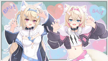 2girls absurdres animal_ear_fluff animal_ears aqua_belt aqua_eyes aqua_hair aqua_nails aqua_trim bandaid bandaid_hair_ornament belt belt_collar black_jacket blush breasts claw_pose cleavage collar commentary_request dog_ears dog_girl dog_tail frilled_shirt_collar frills fuwawa_abyssgard fuwawa_abyssgard_(1st_costume) hair_between_eyes hair_ornament highres hololive hololive_english jacket long_hair long_sleeves looking_at_viewer medium_breasts midriff mococo_abyssgard mococo_abyssgard_(1st_costume) multiple_girls navel open_clothes open_jacket open_mouth paru_(parunprunpa) pink_belt pink_eyes pink_hair pink_nails pink_trim shirt short_hair siblings sisters small_breasts smile stomach tail twins virtual_youtuber white_shirt x_hair_ornament