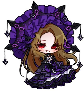 Rule 34 | 1girl, black dress, black ribbon, blush, bonnet, brown hair, dress, frilled dress, frills, hair ribbon, holding, holding umbrella, la manchaland (identity) (project moon), layered dress, limbus company, long hair, mole, mole under eye, nhom (woogi), open mouth, parasol, parted bangs, project moon, purple bonnet, purple trim, red eyes, ribbon, rodion (project moon), simple background, smile, solo, umbrella, very long hair, white background