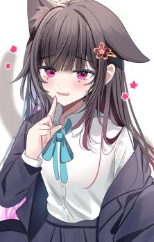 Rule 34 | 1girl, animal ear fluff, animal ears, blue ribbon, blush, bow, brown hair, butterfly-shaped pupils, cat ears, commentary, embarrassed, facial mark, hair ornament, hairclip, highres, honkai: star rail, honkai (series), jacket, kemonomimi mode, pink eyes, red eyes, ribbon, shirt, skirt, sparkle (honkai: star rail), sparkle (school uniform) (honkai: star rail), symbol-shaped pupils, yuzukiyuno (yunmu g)