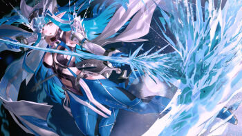 1girl absurdres arknights arknights:_endfield blue_gloves blue_hair blunt_bangs bodysuit boots brown_eyes clothing_cutout commentary cryokinesis demon_girl detached_sleeves duplicate english_commentary full_body gloves high_heels highres holding holding_polearm holding_weapon horns ice last_rite_(arknights) long_hair long_sleeves looking_at_viewer navel pixel-perfect_duplicate pointy_ears polearm salmon88 solo thigh_boots weapon yellow_eyes