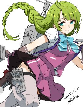 1girl absurdres adapted_turret ahoge anti-aircraft anti-aircraft_gun bigkwl blazer blue_bow blue_bowtie blue_eyes bow bowtie braid breasts cannon dated green_hair grey_thighhighs highres jacket kantai_collection long_hair machinery mole mole_under_mouth purple_skirt rigging school_uniform ship_turret shirt single_braid skirt smile smokestack solo standing thighhighs twitter_username type_96_aa_gun very_long_hair vest white_background white_shirt yuugumo_(kancolle) yuugumo_kai_ni_(kancolle)