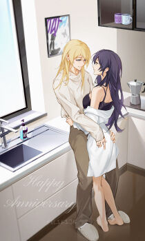 2girls absurdres ayase_eli barefoot black_camisole blonde_hair blue_eyes brown_pants camisole closed_mouth coffee_mug coffee_pot commentary_request cup faucet green_eyes hand_on_another's_ass hand_on_another's_waist happy_anniversary highres indoors jewelry k.jhitsugi kitchen long_hair looking_at_another love_live! love_live!_school_idol_project mug multiple_girls off_shoulder pants parted_lips purple_hair ring shirt sink slice_of_life slippers smile sweater tojo_nozomi wedding_ring white_footwear white_shirt white_sweater wife_and_wife window yuri