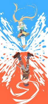 1boy 1girl absurdres ahoge bike_shorts black_hair brown_hair commentary cropped_jacket curtained_hair eiyuu_densetsu estelle_bright fingerless_gloves floating_scarf full_body gloves hair_between_eyes hair_intakes harmonica highres holding holding_knife instrument joshua_bright knife long_hair narrowed_eyes orange_skirt scarf short_hair skirt somlangstar sora_no_kiseki splatter thighhighs twintails upside-down white_scarf white_thighhighs yellow_eyes