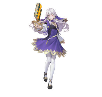 Rule 34 | 1girl, absurdres, book, breasts, brooch, dress, fire emblem, fire emblem: three houses, fire emblem heroes, flat chest, floating, floating book, floating object, gold trim, high heels, highres, jewelry, lace, lace-trimmed dress, lace trim, long hair, long sleeves, looking at viewer, lysithea von ordelia, lysithea von ordelia (timeskip), ne-on, nintendo, object floating above hand, official alternate costume, official art, pantyhose, pumps, purple dress, red eyes, small breasts, tachi-e, veil, white background, white hair, white pantyhose