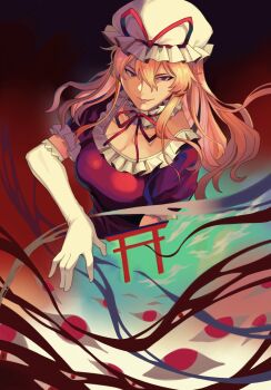 1girl blonde_hair breasts choker cleavage closed_mouth disembodied_eye dress elbow_gloves frilled_choker frills gap_(touhou) gloves hair_between_eyes hat hat_ribbon highres large_breasts long_hair onionmay puffy_short_sleeves puffy_sleeves purple_dress purple_eyes red_ribbon ribbon short_hair short_sleeves smile solo torii touhou v-shaped_eyebrows white_gloves white_hat yakumo_yukari