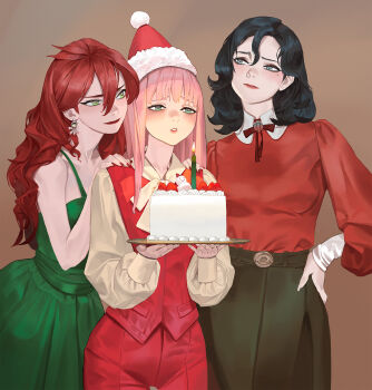 Rule 34 | 3girls, black hair, brown background, cake, candle, christmas, christmas cake, dress, food, green dress, green eyes, grey eyes, hat, highres, long hair, medium hair, mole, mole under eye, multiple girls, ori dal, original, pink hair, red hair, red shirt, santa hat, shirt