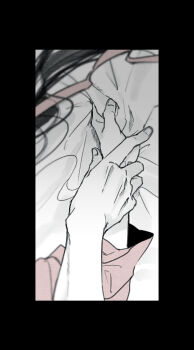 2boys alternate_costume bed_sheet black_border black_hair blurry border commentary_request hair_ribbon hand_focus head_out_of_frame holding_another&#039;s_wrist implied_sex implied_yaoi long_hair long_sleeves lying male_focus modao_zushi monochrome multiple_boys on_back on_bed out_of_frame ponytail pov pov_hands red_ribbon red_shirt ribbon sheet_grab shirt solo_focus wei_wuxian ykmr_(haga)