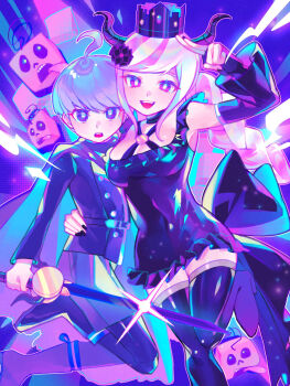 1boy 1girl ahoge analogous_colors bare_shoulders black_dress black_jacket boots braid breasts cleavage crown demon_girl demon_horns dress glint highres holding holding_sword holding_weapon horns iro_(mywife_sunny) jacket master_detective_archives:_rain_code pink_hair purple_hair salute shinigami_(rain_code) sword thigh_boots twin_braids two-finger_salute weapon yuma_kokohead