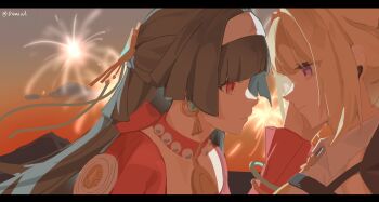 Rule 34 | 2girls, absurdres, astra yao, black hair, blonde hair, closed mouth, denial 79, earpiece, earrings, evelyn chevalier, eye contact, from side, hair intakes, hairband, hand on another's face, hashtag-only commentary, highres, jewelry, letterboxed, long hair, looking at another, multiple girls, necklace, pearl necklace, purple eyes, red eyes, shirt, twitter username, white hairband, white shirt, yuri, zenless zone zero