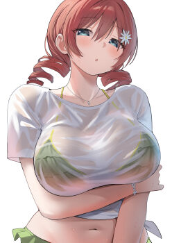 1girl absurdres aqua_eyes arms_under_breasts bikini bikini_under_clothes blush breasts commentary_request drill_hair emma_verde green_bikini hair_between_eyes hair_ornament highres jewelry large_breasts long_hair looking_at_viewer love_live! love_live!_nijigasaki_high_school_idol_club low_twintails navel necklace open_mouth red_hair see-through_clothes see-through_shirt shirt short_sleeves simple_background solo swimsuit twin_drills twintails upper_body wet wet_clothes wet_shirt white_background white_shirt yuu_(shampoohatslime)
