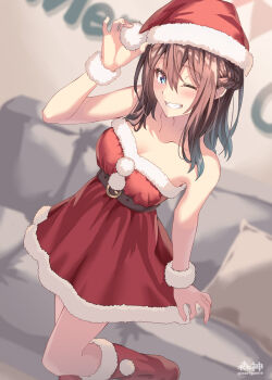 1girl ;d artist_name bare_shoulders blue_eyes blue_hair blush boots braid breasts brown_hair cleavage collarbone commentary_request couch dress fur-trimmed_boots fur-trimmed_dress fur-trimmed_headwear fur_trim gradient_hair grin hand_on_headwear hat highres indoors knee_boots leg_up long_hair looking_at_viewer medium_breasts morigami_(morigami_no_yashiro) multicolored_hair one_eye_closed open_mouth original parted_lips red_boots red_dress red_hat santa_costume santa_hat skirt_hold smile solo standing standing_on_one_leg strapless strapless_dress wristband
