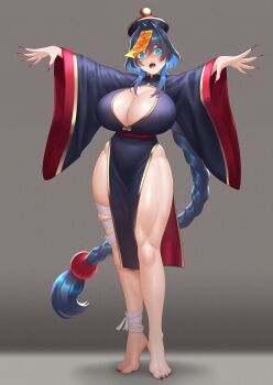 1girl absurdres alternate_costume barefoot black_hair blue_eyes blue_hair blush breasts chinese_clothes cipher4109 cleavage colored_inner_hair dress feet fingernails hair_intakes hat hat_ornament highres hololive hololive_english huge_breasts jiangshi jiangshi_costume lace-trimmed_sleeves lace_trim large_breasts long_hair long_sleeves looking_at_viewer multicolored_hair ofuda open_mouth ouro_kronii outstretched_arms purple_hat qingdai_guanmao sharp_fingernails simple_background smile solo talisman tangzhuang thighs toes virtual_youtuber zombie_pose