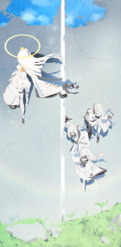 4girls absurdres android blindfold blue_archive colored_skin commentary dan_nako dress ein_(blue_archive) forehead hair_over_one_eye halo highres malkuth_(blue_archive) mask multiple_girls ohr_(blue_archive) respirator short_hair sof_(blue_archive) symbol-shaped_pupils tail twintails white_dress white_hair white_skin wide_sleeves x-shaped_pupils yellow_eyes yellow_halo