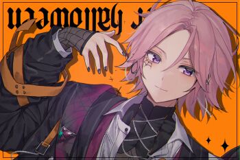 Rule 34 | 1boy, beads, black gloves, black jacket, black nails, commentary, dutch angle, earrings, english text, ensemble stars!, fingerless gloves, fingernails, gloves, hair between eyes, halloween, hand up, high collar, highres, hinomiya shou, hoop earrings, jacket, jewelry, layered clothes, long sleeves, looking at viewer, male focus, official alternate costume, orange background, oukawa kohaku, pink hair, purple eyes, see-through clothes, see-through gloves, shirt, short hair, simple background, single earring, sleeve belt, solo, sparkle, spider (ensemble stars!), spider web tattoo, spiked hair, strap, tattoo, white shirt