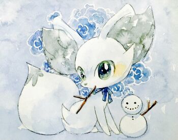 Rule 34 | alternate color, animal ear fluff, animal focus, blue ribbon, fennekin, full body, gen 6 pokemon, mouth hold, nintendo, no humans, non (kumakawayusu), painting (medium), pokemon, pokemon (creature), ribbon, simple background, snowman, solo, stick, traditional media, watercolor (medium)