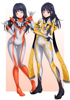2girls ^_^ abe_tsukumo animification armor black_bodysuit black_boots black_gloves black_hair black_hairband blush bodysuit boots border breasts carmeara carmeara_(cosplay) closed_eyes closed_mouth collarbone color_timer commentary commission contrapposto cosplay curled_fingers facing_viewer full_body gloves gradient_background grey_bodysuit grey_eyes hairband hands_up happy highres in-franchise_crossover knees_together_feet_apart legs_apart long_hair looking_at_viewer medium_breasts minato_asahi multicolored_bodysuit multiple_girls no_headwear open_mouth orange_background orange_bodysuit outside_border pinky_out pointy_boots self_cosplay shaka_sign shoulder_armor side-by-side silver_bodysuit silver_gloves skeb_commission skin_tight smile standing straight_hair teeth tokusatsu ultra_series ultraman_r/b ultraman_trigger_(series) ultrawoman_grigio ultrawoman_grigio_(cosplay) upper_teeth_only white_background white_border yellow_bodysuit