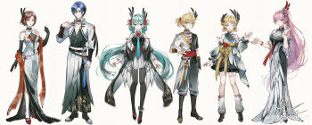 2boys 4girls absurdres antenna_hair aqua_eyes aqua_hair bare_shoulders beads belt belt_buckle black_belt black_boots black_choker black_dress black_gloves black_pants black_pantyhose black_shirt black_shoes blonde_hair blue_eyes blue_hair blue_necktie boots bow bracelet bracer brooch brown_hair buckle china_dress chinese_clothes chinese_commentary choker closed_mouth collared_jacket commentary_request crossed_belts dated detached_sleeves double_bun dragon_print dress dress_shoes elbow_gloves expressionless feather-trimmed_dress feather_hair_ornament feathers flower flower_anklet flower_brooch flower_knot footwear_bow footwear_flower frilled_dress frilled_sleeves frills full_body gloves hair_beads hair_between_eyes hair_bun hair_flower hair_ornament hair_ribbon hair_rings hairclip hand_up happy hatsune_miku high_collar high_heels high_ponytail highres jacket jewelry kagamine_len kagamine_rin kaito_(vocaloid) knee_boots knees lace-up_boots layered_dress leg_warmers long_dress long_hair long_sleeves low_twintails megurine_luka meiko_(vocaloid) memory_mie multiple_boys multiple_girls necktie offering_hand one_eye_closed open_mouth outstretched_hand pants pantyhose parted_bangs pectoral_cleavage pectorals pink_hair ponytail red_bow red_eyes red_flower red_ribbon red_rose red_sash red_shawl red_shoes ribbon ribbon_legwear rose sash shawl shirt shoes short_dress short_hair short_ponytail side_slit signature simple_background single_side_bun smile spiked_hair standing swept_bangs tangzhuang tassel twintails two-tone_shirt very_long_hair vocaloid waist_ribbon waist_sash watermark weibo_watermark white_background white_dress white_jacket white_leg_warmers white_shirt white_sleeves yellow_ribbon