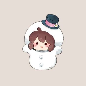 1girl black_hat blush blush_stickers borrowed_character brown_hair chibi chibi_only commentary english_commentary flower full_body grey_background hat hat_flower highres open_mouth original simple_background smile snowman_costume solid_circle_eyes solo temmie_chang_(character) tenmiyakiyo top_hat
