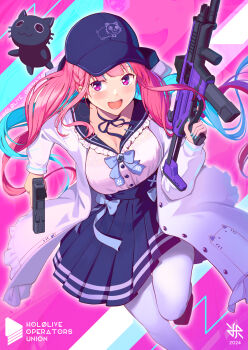1girl apex_legends baseball_cap blue_bow blue_bowtie blue_choker blue_hair blue_hat blue_sailor_collar blue_skirt bow bowtie braid breasts cat choker cleavage commentary dual_wielding english_commentary frilled_sailor_collar frills gun handgun hat high-waist_skirt highres hiroki_ree holding holding_gun holding_weapon hololive large_breasts long_hair long_sleeves minato_aqua minato_aqua_(sailor) multicolored_hair neko_(minato_aqua) official_alternate_costume open_mouth pantyhose pink_eyes pink_hair pleated_skirt r-99_smg re-45_auto ribbon_choker running sailor_collar sailor_shirt shirt sideways_glance skirt solo standing submachine_gun twin_braids two-tone_hair virtual_youtuber weapon white_pantyhose white_shirt