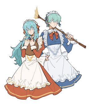 1boy 1girl alternate_costume apron aqua_eyes aqua_hair back_bow blue_dress bow bowtie broom closed_mouth commentary cropped_torso crossdressing crossdressing_(mtf) dress eirika_(fire_emblem) english_commentary enmaided ephraim_(fire_emblem) fire_emblem fire_emblem:_the_sacred_stones frilled_apron frills hand_on_own_hip highres holding holding_broom holding_tray julianlynnnn juliet_sleeves long_hair long_sleeves maid maid_apron maid_headdress male_maid mixed-language_commentary nintendo puffy_sleeves red_bow red_bowtie red_dress short_hair siblings simple_background smile tray twins white_apron white_background wrist_cuffs