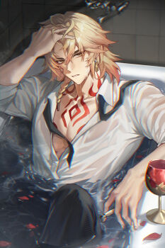 Rule 34 | 1boy, bathtub, black pants, blonde hair, braid, chest tattoo, collared shirt, commentary, facial tattoo, gradient hair, hand on own head, highres, honkai: star rail, honkai (series), in bathtub, looking at viewer, male focus, medium hair, multicolored hair, mydei (honkai: star rail), pants, parted lips, partially submerged, petals, petals on liquid, red hair, red tattoo, shirt, side braid, sleeves rolled up, solo, tattoo, uwon, wet, wet clothes, wet hair, wet pants, wet shirt, white shirt, yellow eyes