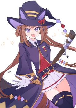 1girl animal_ears belt black_boots black_necktie blush boots bow braid braided_hair_rings broom brown_hair cloak collared_shirt ear_covers gloves hair_rings hat hat_with_ears highres horse_ears horse_girl horse_tail kuro_sato long_hair looking_at_viewer necktie open_cloak open_clothes open_mouth purple_eyes purple_robe red_shirt robe shirt skirt smile solo star_(symbol) sweep_tosho_(platanus_witch)_(umamusume) sweep_tosho_(umamusume) tail twintails umamusume white_gloves white_skirt witch_hat