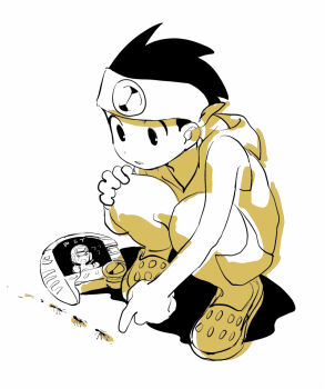 2boys ants bandana bent_over capcom child crocs distracted lan_hikari_(mega_man) legs mega_man_(series) mega_man_battle_network mega_man_battle_network_(series) megaman.exe monochrome multiple_boys shorts simple_background sleeveless sleeveless_sweater solo_focus spot_color squatting sweater white_background
