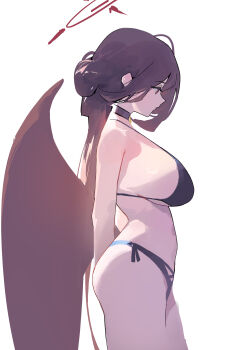 1girl absurdres ass bikini black_bikini black_choker black_hair black_wings blue_archive breasts choker dokshuri from_side halo hasumi_(blue_archive) hasumi_(swimsuit)_(blue_archive) highres large_breasts long_hair looking_ahead official_alternate_costume side-tie_bikini_bottom sideboob simple_background solo swimsuit underboob very_long_hair white_background wings
