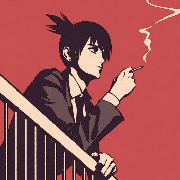 1boy against_railing animated animated_gif chainsaw_man cigarette closed_mouth collared_shirt earrings expressionless hayakawa_aki holding holding_cigarette jacket jewelry leaning leaning_forward long_sleeves male_focus moshimoshibe necktie ponytail railing red_background shirt short_hair short_ponytail simple_background smoking solo suit_jacket upper_body wing_collar