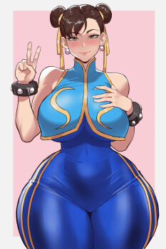Rule 34 | 1girl, 2024, absurdres, arm up, artist name, ass, ass focus, back, blue background, blue bodysuit, blue vest, blush, bodysuit, bracelet, breasts, brown hair, capcom, chun-li, clenched hand, commentary, cowboy shot, double bun, earrings, english commentary, female focus, grabbing own breast, hair bun, highres, jewelry, jitome, large breasts, lips, looking at viewer, lustyshape, medium breasts, outside border, pink lips, shaded face, sideboob, simple background, smile, solo, spiked bracelet, spikes, standing, straight-on, street fighter, street fighter alpha, swept bangs, thick lips, thick thighs, thighs, v, vest, wide hips