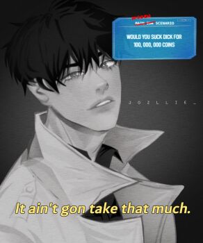 1boy black_eyes black_hair black_shirt caption coat collared_shirt commentary english_commentary english_text head_tilt highres holographic_interface jozllie kim_dokja looking_at_viewer male_focus omniscient_reader's_viewpoint open_clothes open_coat popped_collar sexually_suggestive shirt short_hair smile solo spot_color upper_body white_coat yaoi