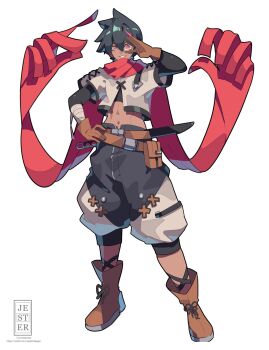 1boy abs bandages belt black_hair boots brown_boots brown_gloves dagger dark_skin full_body gloves hair_between_eyes hand_on_own_hip highres jesternalagon knife male_focus midriff navel original red_eyes red_scarf salute scarf sheath short_hair shorts simple_background solo spiked_hair standing sword weapon white_background