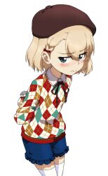 Rule 34 | 1girl, argyle, argyle clothes, argyle sweater, arms behind back, bag, beret, black hat, black ribbon, blonde hair, blue eyes, blue shorts, blush, bow, braid, closed mouth, collared shirt, commentary, cookie, cowboy shot, embarrassed, food, frilled shorts, frills, frown, girls und panzer, girls und panzer senshadou daisakusen!, hair bow, half-closed eyes, hat, highres, holding, holding bag, holding behind back, katyusha (girls und panzer), kayabakoro, leaning forward, long sleeves, looking at viewer, multicolored clothes, multicolored sweater, neck ribbon, official alternate costume, red bow, ribbon, shirt, short hair, short shorts, shorts, simple background, solo, standing, sweater, thighhighs, white background, white thighhighs, wing collar