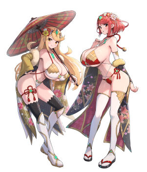 2girls absurdres alternate_costume bare_shoulders bikini black_sleeves black_thighhighs blonde_hair breasts chest_jewel circlet core_crystal_(xenoblade) cowboy_shot from_side full_body gonzarez grey_background highres holding holding_umbrella huge_breasts japanese_clothes kimono long_hair looking_at_viewer multiple_girls mythra_(xenoblade) oil-paper_umbrella pyra_(xenoblade) red_bikini red_eyes red_hair rope shimenawa short_hair sideless_dress simple_background smile snowing solo swimsuit thighhighs tiara umbrella very_long_hair white_background wide_sleeves xenoblade_chronicles_(series) xenoblade_chronicles_2 yellow_eyes