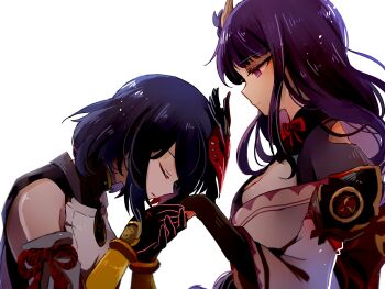 2girls arm_guards armor bare_shoulders bird_mask black_hair blunt_bangs breasts cleavage closed_eyes closed_mouth commentary couple detached_sleeves from_side genshin_impact gloves hair_ornament highres japanese_clothes kimono kiss kissing_hand kujou_sara large_breasts long_hair mask mask_on_head multiple_girls purple_eyes purple_hair raiden_shogun ribbon short_hair shoulder_armor simple_background white_background yuri yuuzatta