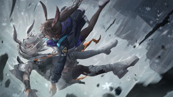 2girls amiya_(arknights) animal_ears arknights ascot black_gloves black_jacket blue_eyes boots breasts brown_hair fingerless_gloves frostnova_(arknights) gloves grey_hair hair_between_eyes hair_intakes hair_ornament hairclip highres jacket jay_xu long_hair multiple_girls open_clothes open_jacket purple_ascot rabbit_ears rabbit_girl shirt white_boots white_shirt