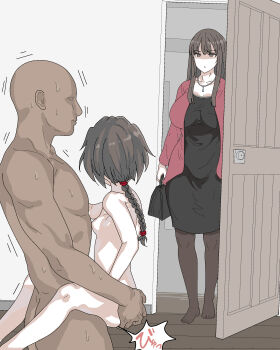 1boy 2girls absurdres age_difference ass bag bald black_legwear breasts brown_eyes brown_hair caught dark-skinned_male dark_skin dress expressionless faceless faceless_male handbag hetero highres incest interracial jewelry kedamono_kangoku-tou large_breasts loli long_hair mother_and_daughter multiple_girls necklace netorare nude original pantyhose sex small_breasts suspended_congress sweat uncle_and_niece walk-in wooden_floor