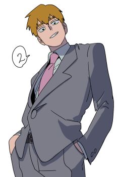 Rule 34 | 1boy, bithmath, black eyes, blonde hair, buttoned cuffs, buttons, collared shirt, commentary request, cowboy shot, formal clothes, from below, grey jacket, grey pants, grey suit, hands in pockets, highres, jacket, looking at viewer, looking down, male focus, mob psycho 100, necktie, pants, parted lips, partial commentary, pink necktie, reigen arataka, shirt, smirk, solo, speech bubble, suit, white background