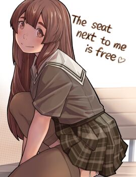 1girl absurdres blush brown_eyes brown_hair brown_shirt brown_skirt brown_thighhighs closed_mouth commentary english_commentary english_text feet_out_of_frame guilty_gear guilty_gear_strive heart highres knee_up long_hair looking_at_viewer looking_to_the_side may_(guilty_gear) miniskirt original pleated_skirt sailor_collar shirt simple_background sitting skirt smile solo sugajyun talking thighhighs white_background zettai_ryouiki