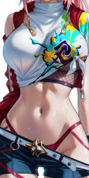 1girl belt black_shorts breasts chromatic_aberration clothes_pull commentary_request crop_top fishnet_top fishnets groin heavy_chromatic_aberration highres honkai:_star_rail honkai_(series) jacket large_breasts navel panties pink_hair rappa_(honkai:_star_rail) red_jacket red_panties shirt short_shorts shorts shorts_pull solo stomach stomach_focus sweat tied_shirt underwear white_belt white_shirt wo_jiushi_kanbudong