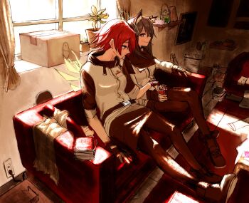 2girls animal_ear_fluff animal_ear_piercing arknights black_gloves black_pantyhose black_shoes black_shorts book breasts cardboard commentary couch crossed_legs energy_wings exusiai_(arknights) fingerless_gloves food food_in_mouth gloves gobii halo highres jacket medium_breasts multiple_girls orange_eyes pantyhose pantyhose_under_shorts penguin_logistics_logo plant pocky pocky_in_mouth potted_plant red_hair refrigerator shoes shorts sitting texas_(arknights) three-quarter_sleeves white_jacket