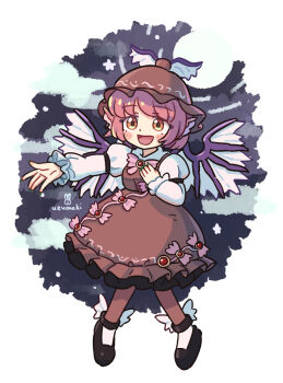 Rule 34 | 1girl, :d, animal ears, bird ears, bird wings, black shoes, blush, breasts, brown dress, brown hat, brown socks, collared shirt, commentary request, dress, feathered wings, frilled dress, frills, full body, hand on own chest, happy, hat, juliet sleeves, long sleeves, mob cap, music, mystia lorelei, open mouth, pink hair, puffy sleeves, revision, shirt, shoes, short hair, simple background, singing, small breasts, smile, socks, solo, touhou, uzumaki osushi, white background, white shirt, white wings, winged hat, winged shoes, wings, yellow eyes