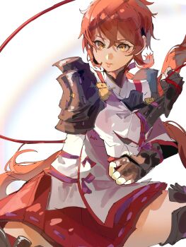 1girl 4me3ba_niku armor brown_hair gloves highres lora_(xenoblade) pauldrons red_hair short_hair shoulder_armor simple_background skirt solo xenoblade_chronicles_(series) xenoblade_chronicles_2 xenoblade_chronicles_2:_torna_-_the_golden_country