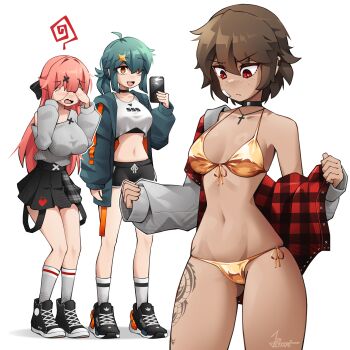 3girls :d absurdres adidas adjusting_clothes ahoge amia_(jestami) aria_(jestami) arm_at_side ayana_(jestami) bandaid bandaid_on_face bikini black_bow black_bra black_choker black_shoes black_shorts black_skirt blank_eyes blunt_bangs bow bra braid breasts brown_hair choker cleavage clenched_hands coat converse covering_face crop_top cropped_legs cross cross_hair_ornament cross_necklace dark-skinned_female dark_skin dolphin_shorts earrings embarrassed food freckles front-tie_bikini_top front-tie_top frown full_body gluteal_fold green_coat green_hair grey_skirt grey_socks grey_sweater hair_bow hair_intakes hair_ornament hand_on_own_hip hand_up head_tilt highres holding holding_phone jacket jestami jewelry large_breasts long_hair looking_down loose_hair_strand low_ponytail medium_breasts medium_hair multiple_girls navel necklace nervous open_clothes open_coat open_jacket open_mouth orange_eyes original phone pink_hair plaid_clothes plaid_skirt pleated_skirt ponytail red_eyes ribbed_sweater shirt shoes short_hair shorts side-tie_bikini_bottom sidelocks single_horizontal_stripe single_off_shoulder skirt small_breasts smile sneakers socks standing star_(symbol) star_hair_ornament stomach stud_earrings sweater sweater_tucked_in swimsuit taking_picture tomboy underwear upper_body wavy_mouth white_background white_shirt white_socks yellow_bikini